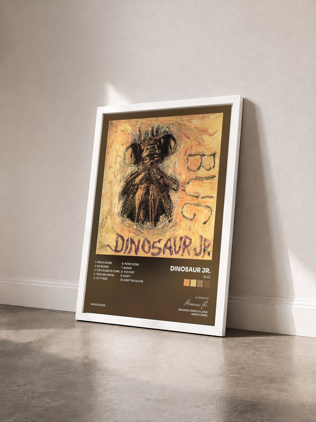 #blanc Tableau de l'album Bug de Dinosaur Jr. vu de trois quarts, cadre blanc