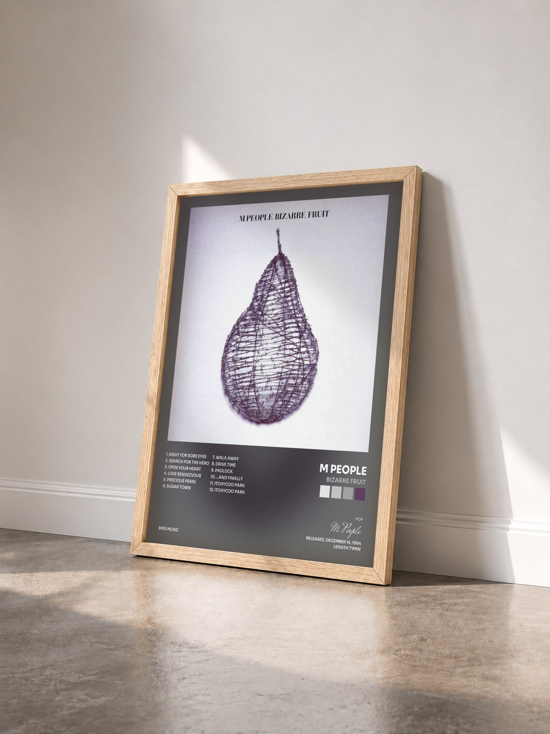 #bois Tableau de l'album Bizarre Fruit de M People vu de trois quarts, cadre en bois brut