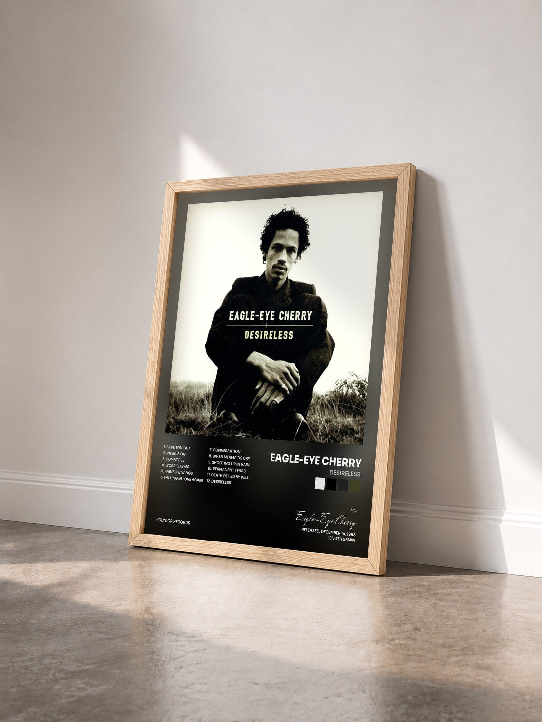 #bois Tableau de l'album Desireless de Eagle-Eye Cherry vu de trois quarts, cadre en bois brut
