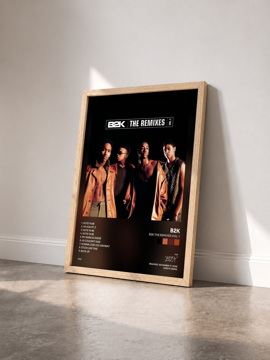 #bois Tableau de l'album B2K The Remixes Vol. 1 de B2K vu de trois quarts, cadre en bois brut