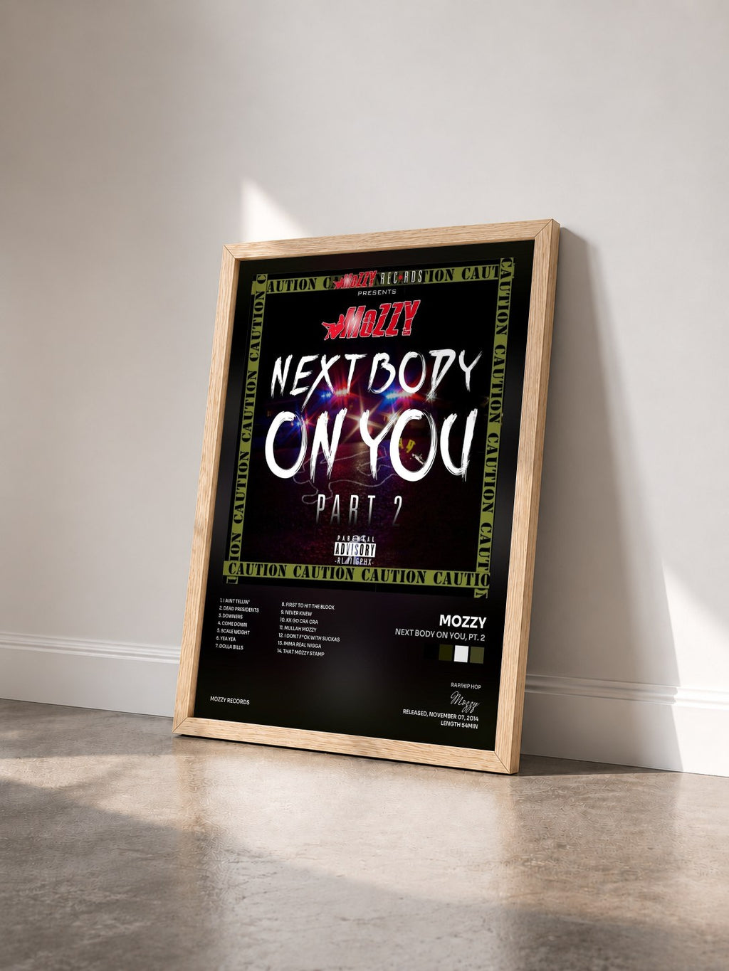 #bois Tableau de l'album Next Body On You, Pt. 2 de Mozzy vu de trois quarts, cadre en bois brut