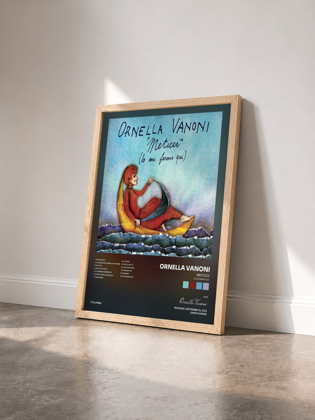 #bois Tableau de l'album Meticci (Io mi fermo qui) de Ornella Vanoni vu de trois quarts, cadre en bois brut