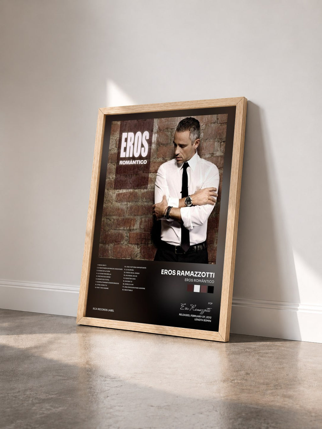 #bois Tableau de l'album Eros Romántico de Eros Ramazzotti vu de trois quarts, cadre en bois brut
