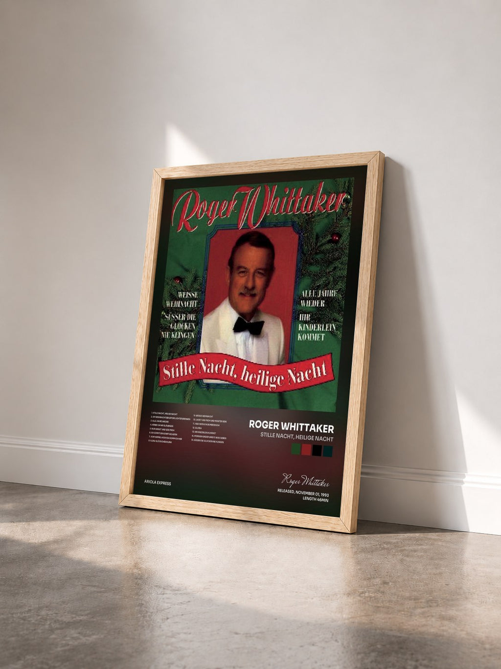 #bois Tableau de l'album Stille Nacht, heilige Nacht de Roger Whittaker vu de trois quarts, cadre en bois brut