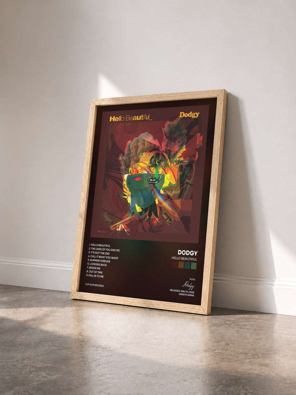 #bois Tableau de l'album Hello Beautiful de Dodgy vu de trois quarts, cadre en bois brut