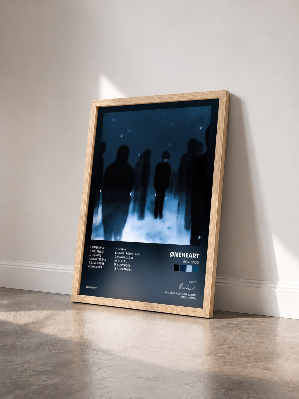 #bois Tableau de l'album Boyhood de Øneheart vu de trois quarts, cadre en bois brut
