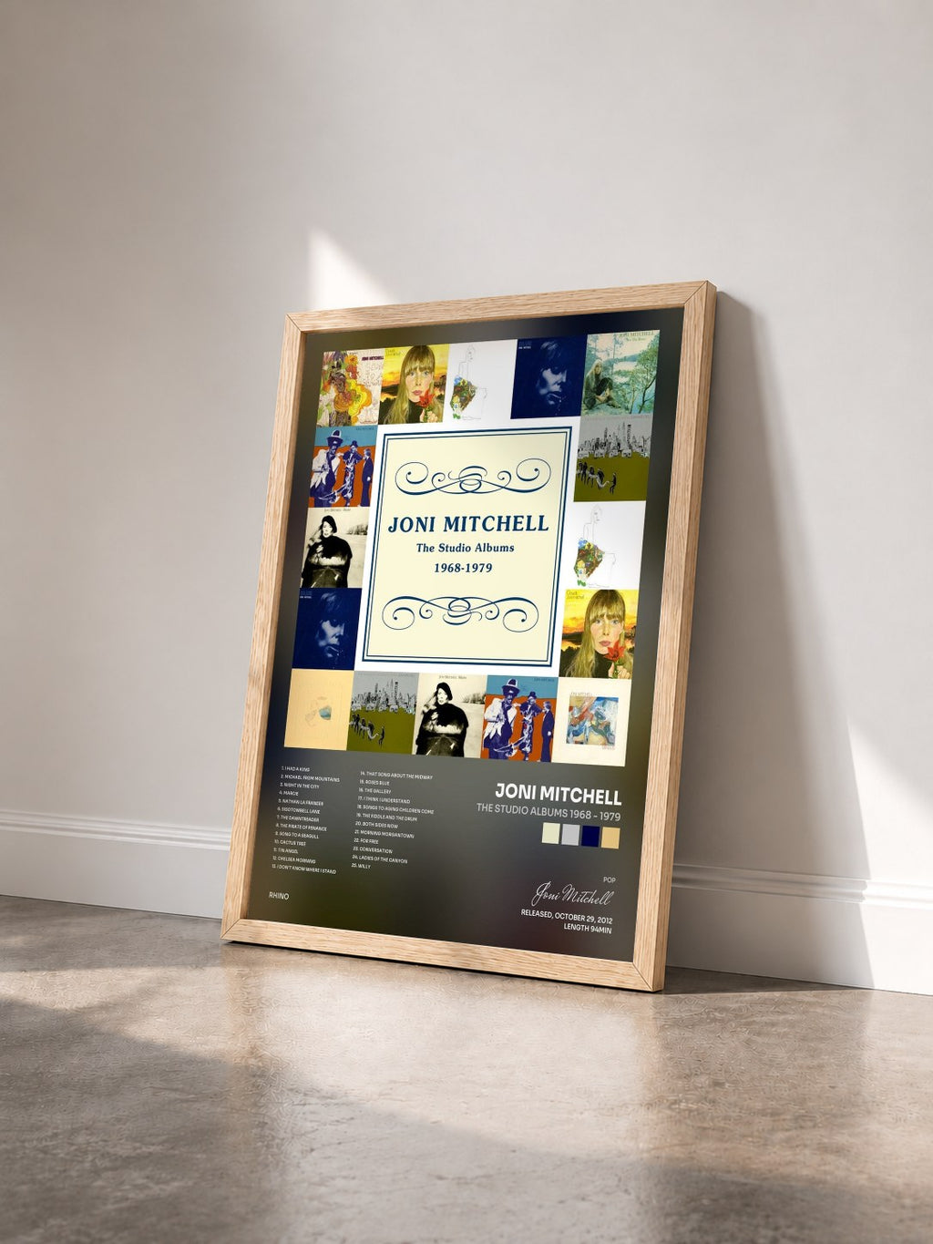 #bois Tableau de l'album The Studio Albums 1968 - 1979 de Joni Mitchell vu de trois quarts, cadre en bois brut