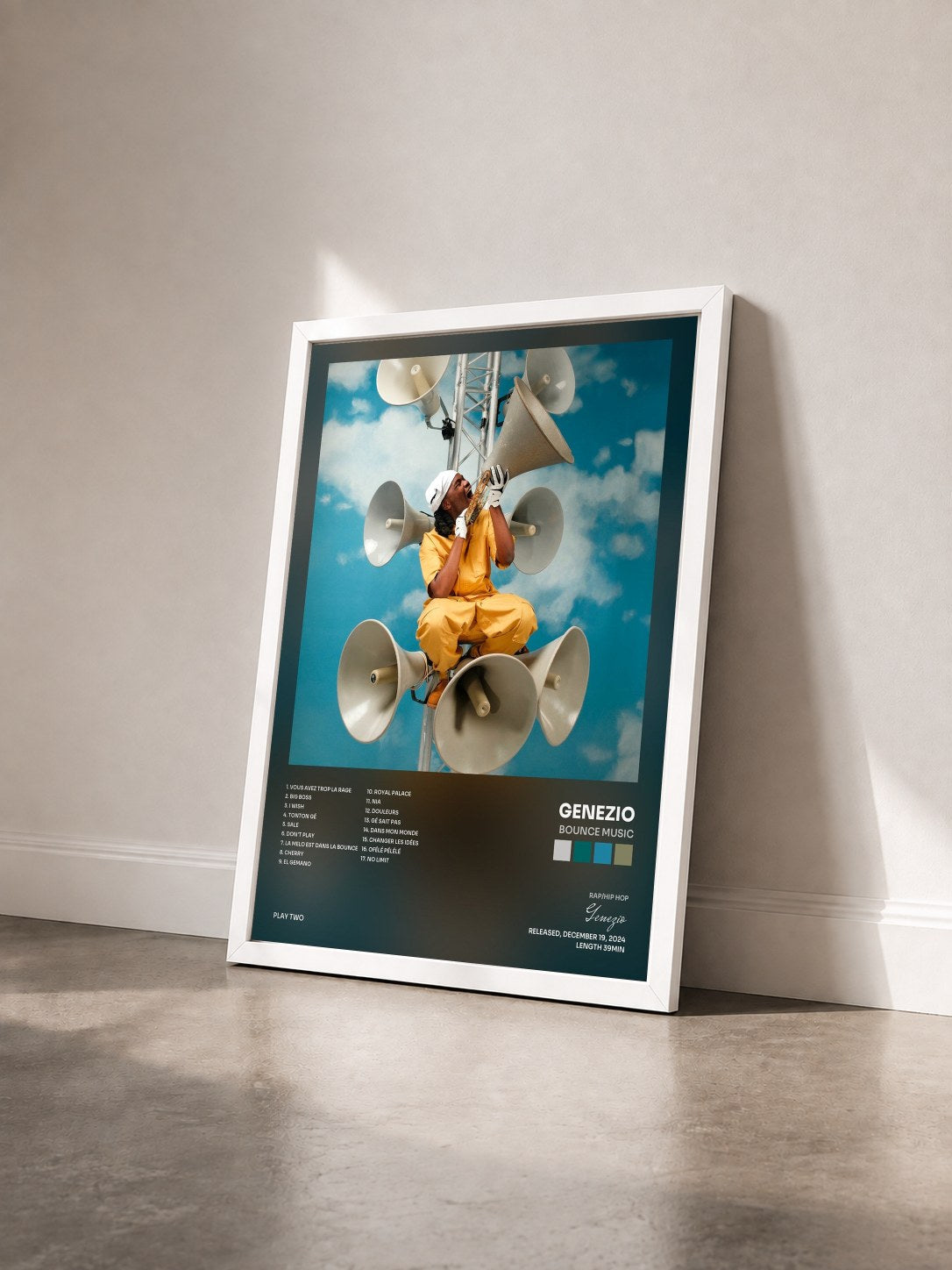 #blanc Tableau de l'album BOUNCE MUSIC de Genezio vu de trois quarts, cadre blanc
