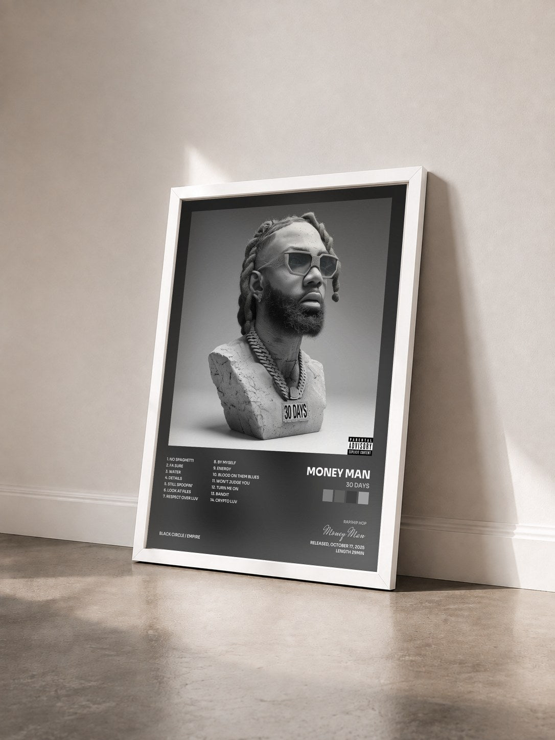 #blanc Tableau de l'album 30 Days de Money Man vu de trois quarts, cadre blanc