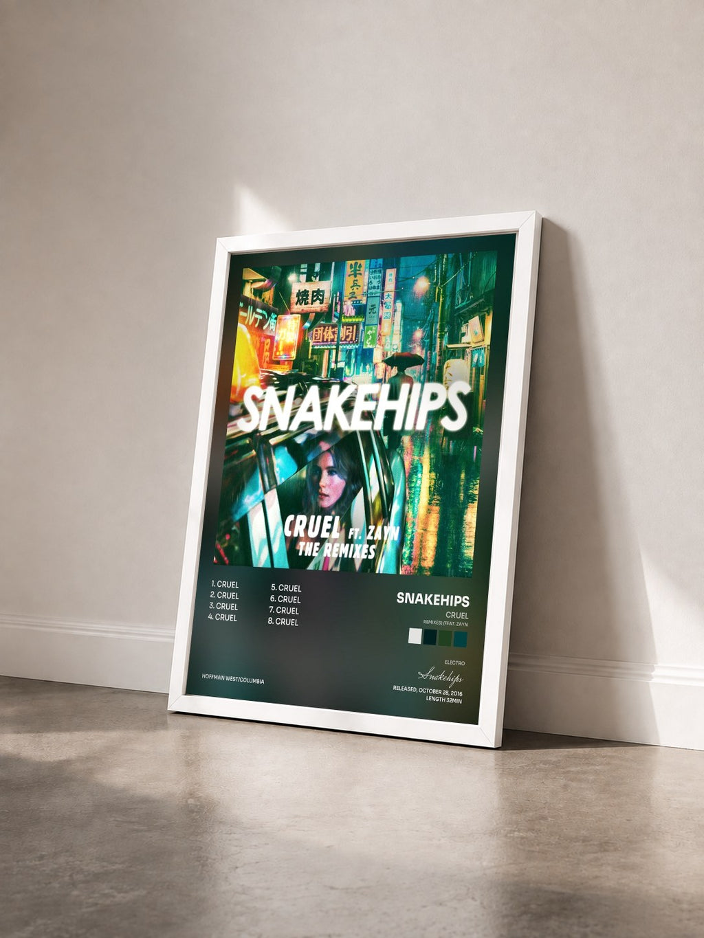 #blanc Tableau de l'album Cruel (Remixes) (feat. ZAYN) de Snakehips vu de trois quarts, cadre blanc