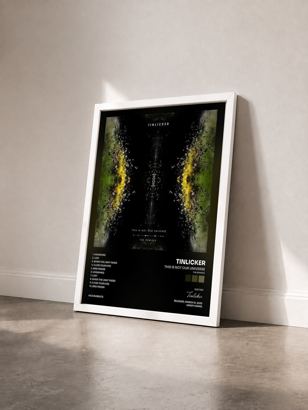 #blanc Tableau de l'album This Is Not Our Universe (The Remixes) de Tinlicker vu de trois quarts, cadre blanc