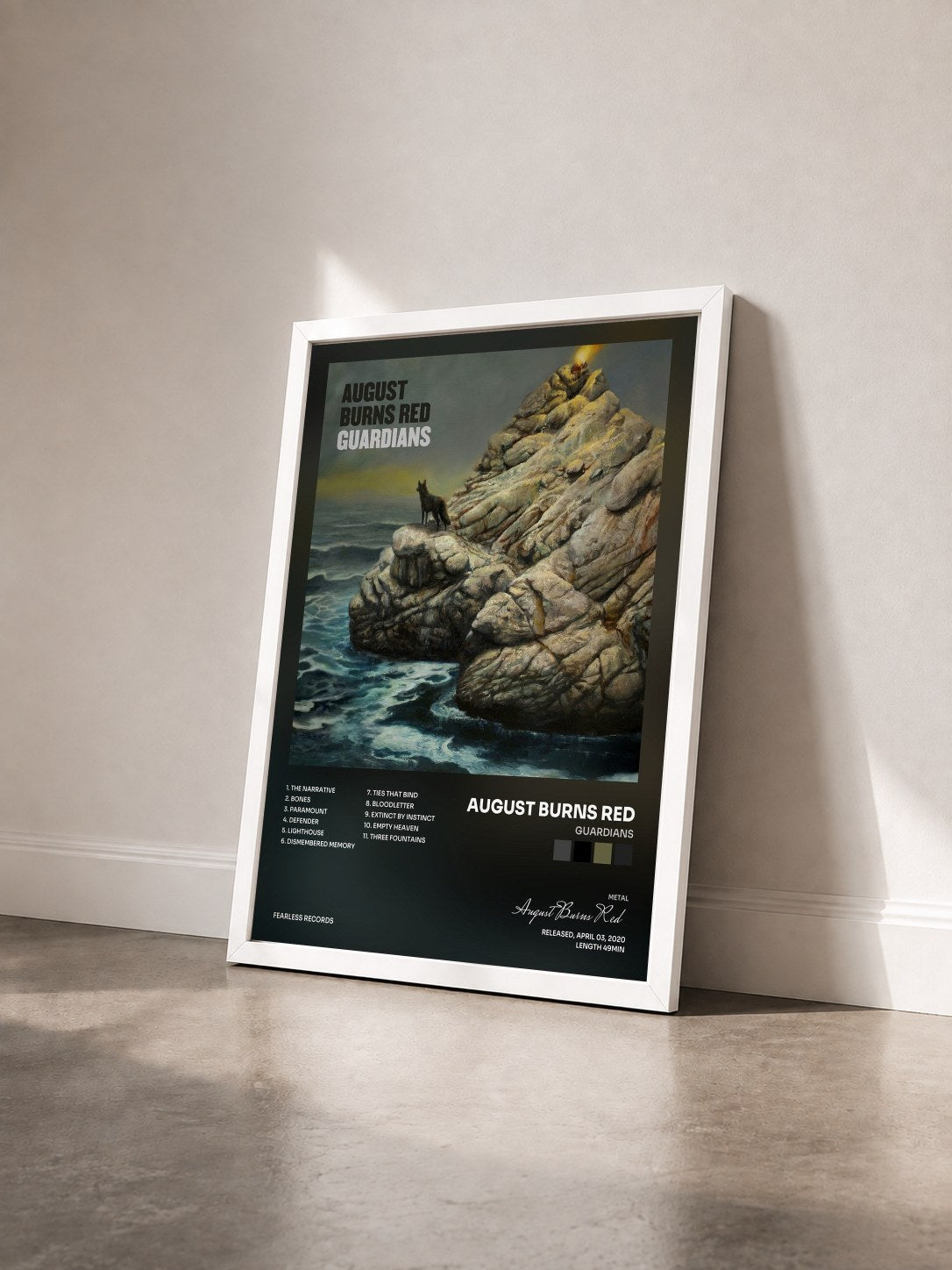 #blanc Tableau de l'album Guardians de August Burns Red vu de trois quarts, cadre blanc