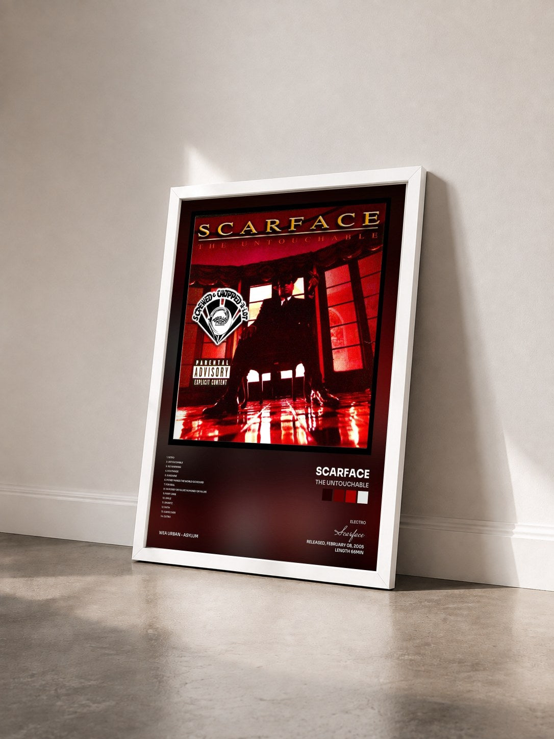 #blanc Tableau de l'album The Untouchable de Scarface vu de trois quarts, cadre blanc