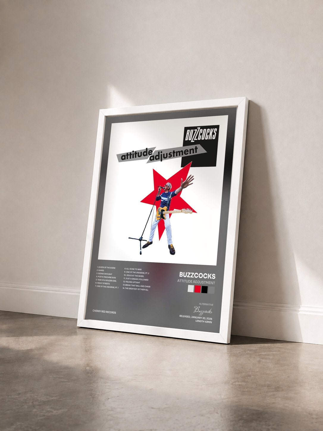 #blanc Tableau de l'album Attitude Adjustment de Buzzcocks vu de trois quarts, cadre blanc