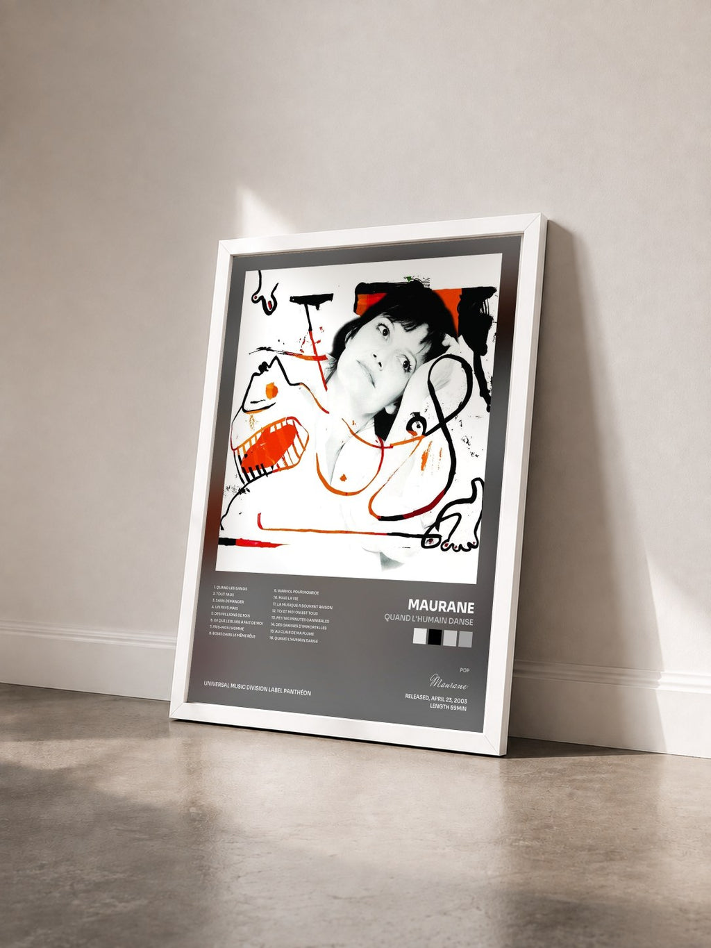 #blanc Tableau de l'album Quand L'Humain Danse de Maurane vu de trois quarts, cadre blanc