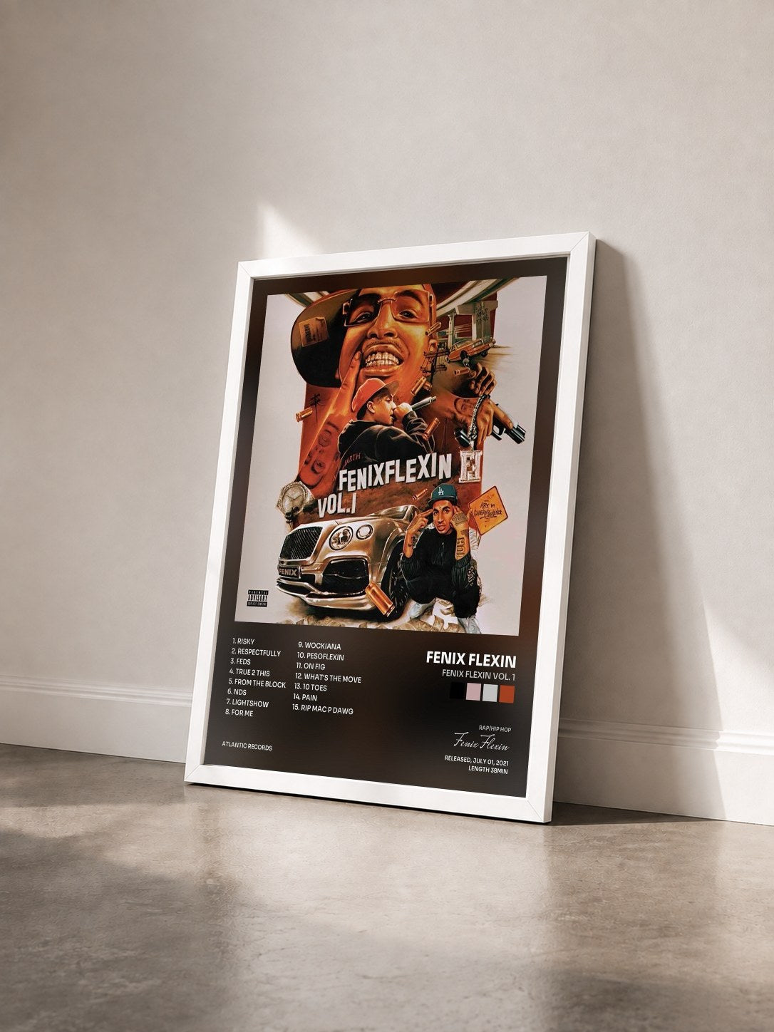 #blanc Tableau de l'album Fenix Flexin Vol. 1 de Fenix Flexin vu de trois quarts, cadre blanc