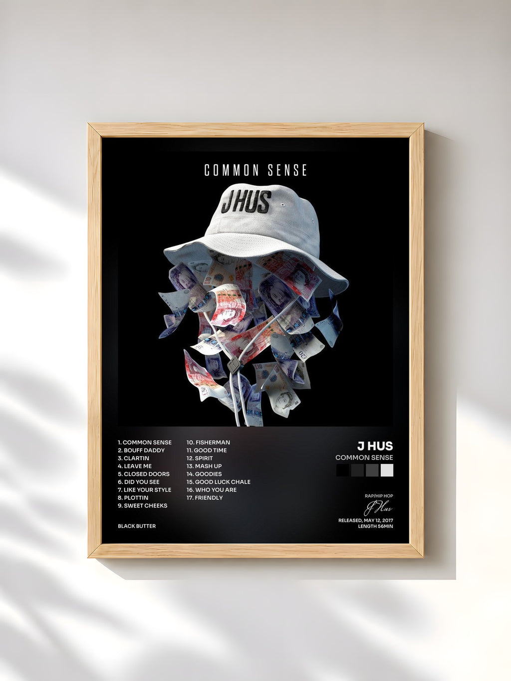 #bois Tableau de l'album Common Sense de J Hus, cadre en bois brut, imprimé et encadré en France