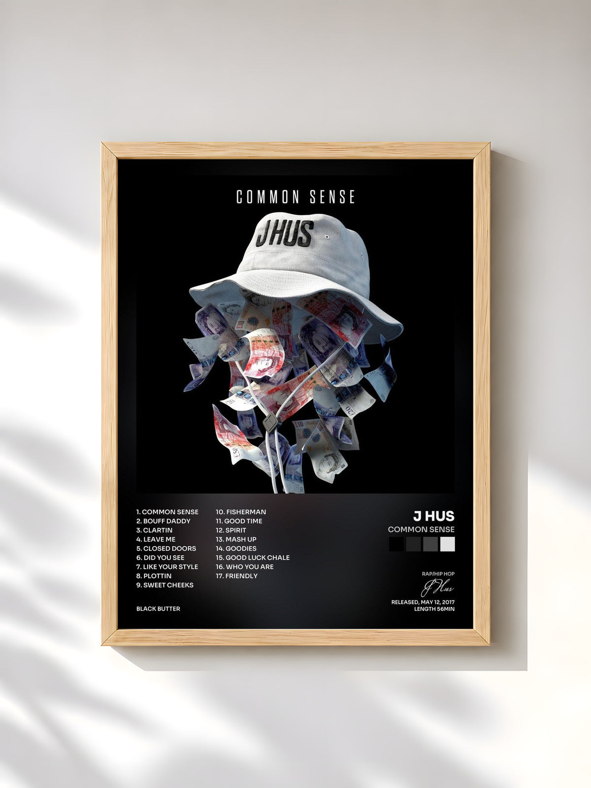 #bois Tableau de l'album Common Sense de J Hus, cadre en bois brut, imprimé et encadré en France