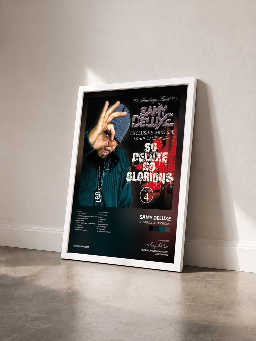 #blanc Tableau de l'album So Deluxe so Glorious de Samy Deluxe vu de trois quarts, cadre blanc
