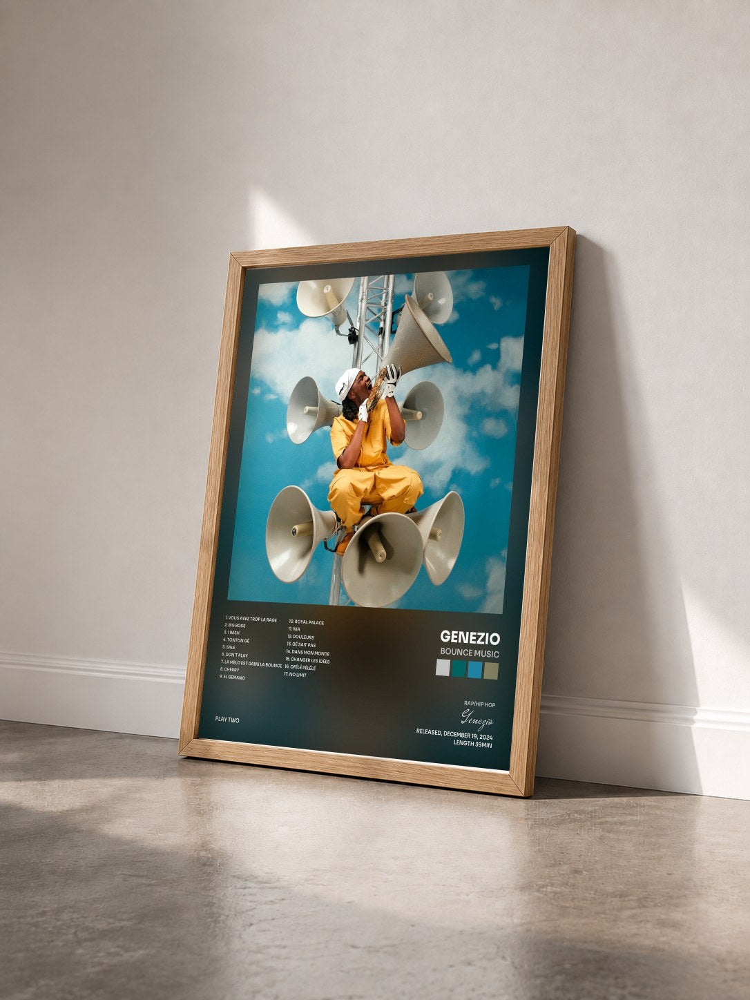 #bois Tableau de l'album BOUNCE MUSIC de Genezio vu de trois quarts, cadre en bois brut
