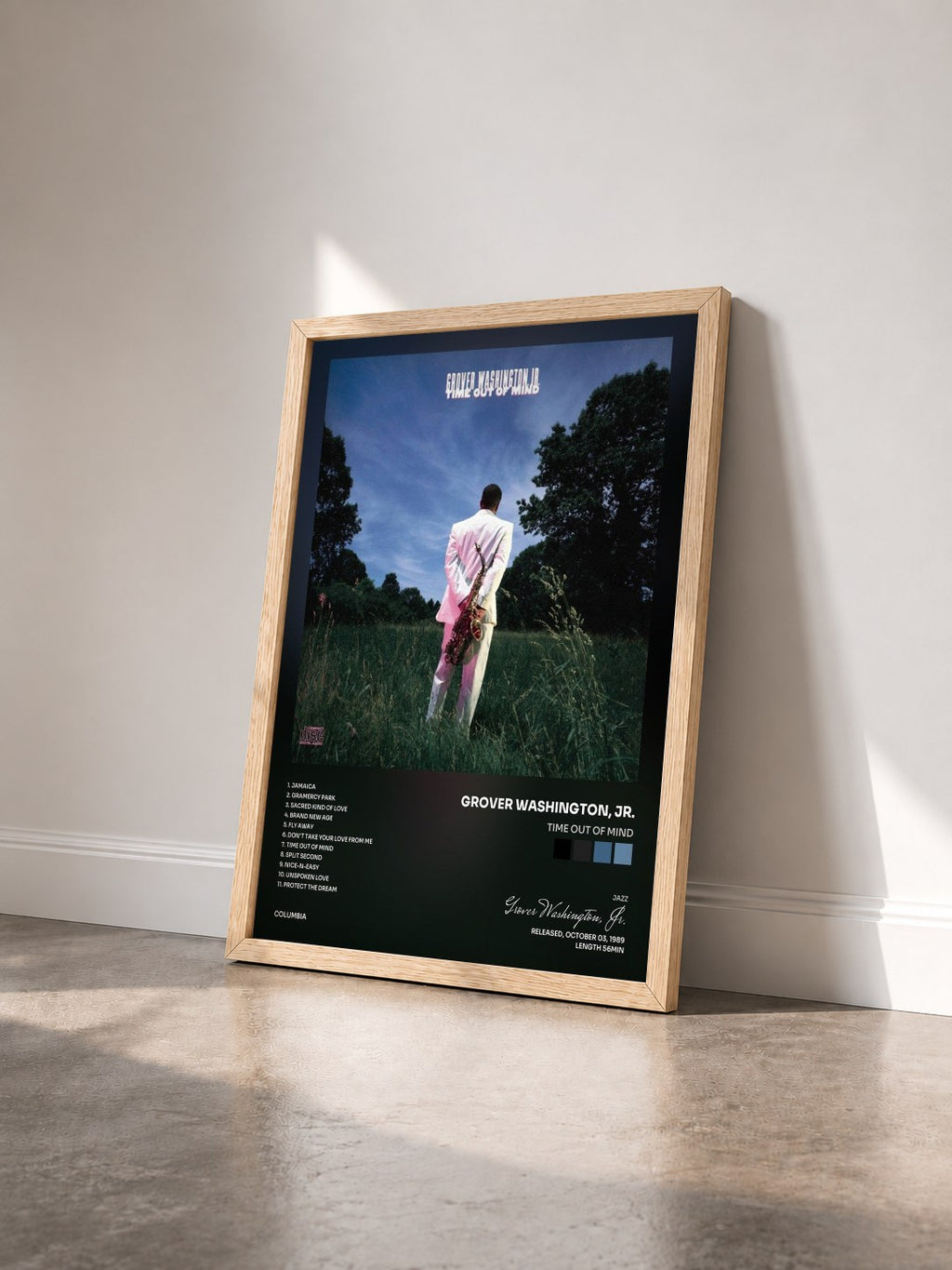 #bois Tableau de l'album Time Out Of Mind de Grover Washington, Jr. vu de trois quarts, cadre en bois brut