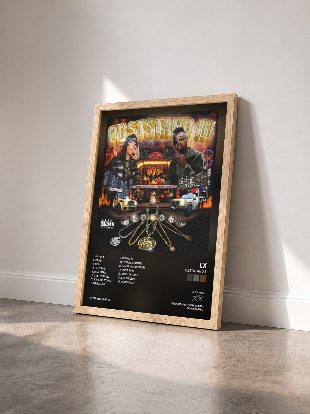 #bois Tableau de l'album Obststand 3 de LX vu de trois quarts, cadre en bois brut