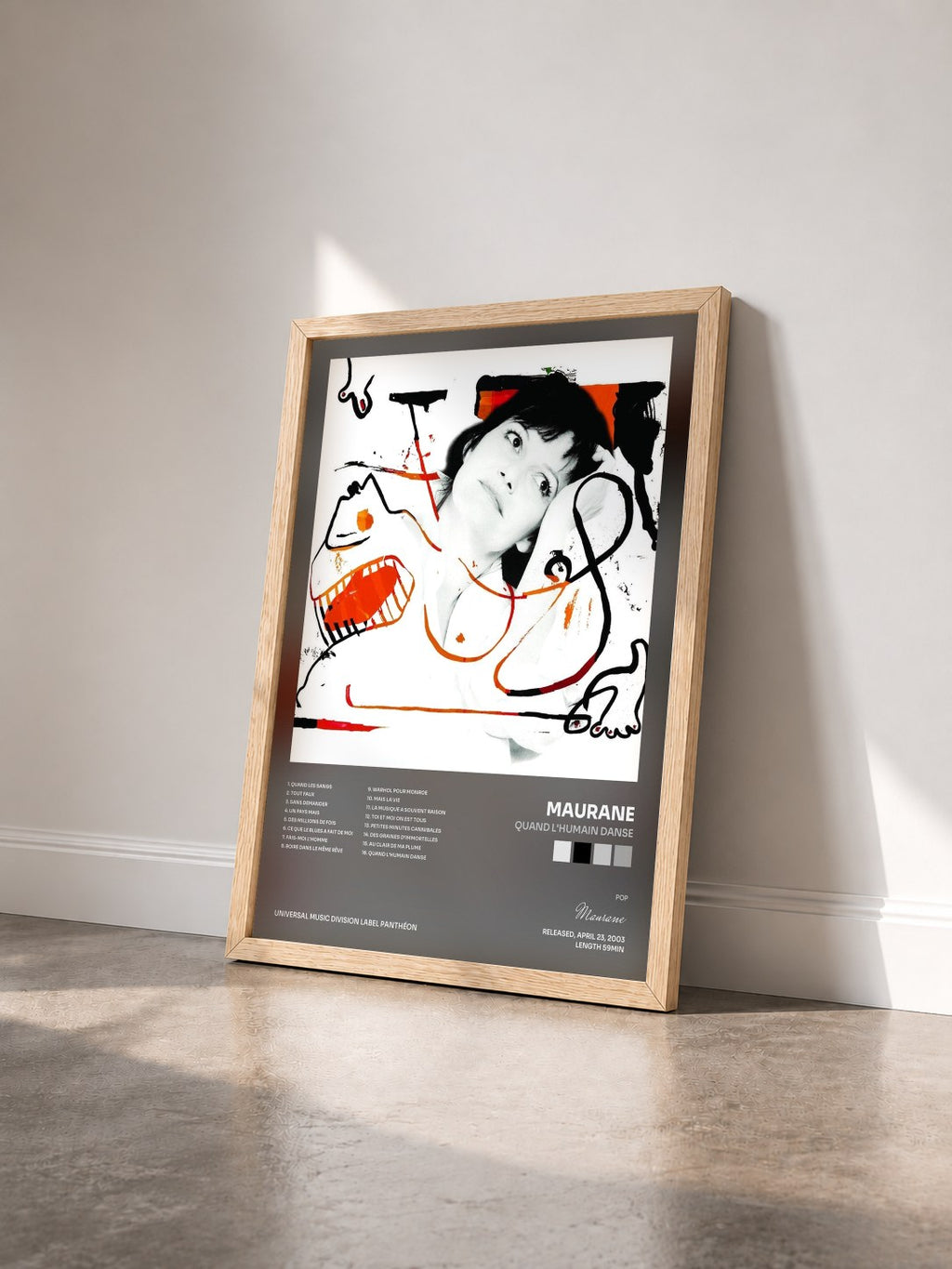 #bois Tableau de l'album Quand L'Humain Danse de Maurane vu de trois quarts, cadre en bois brut