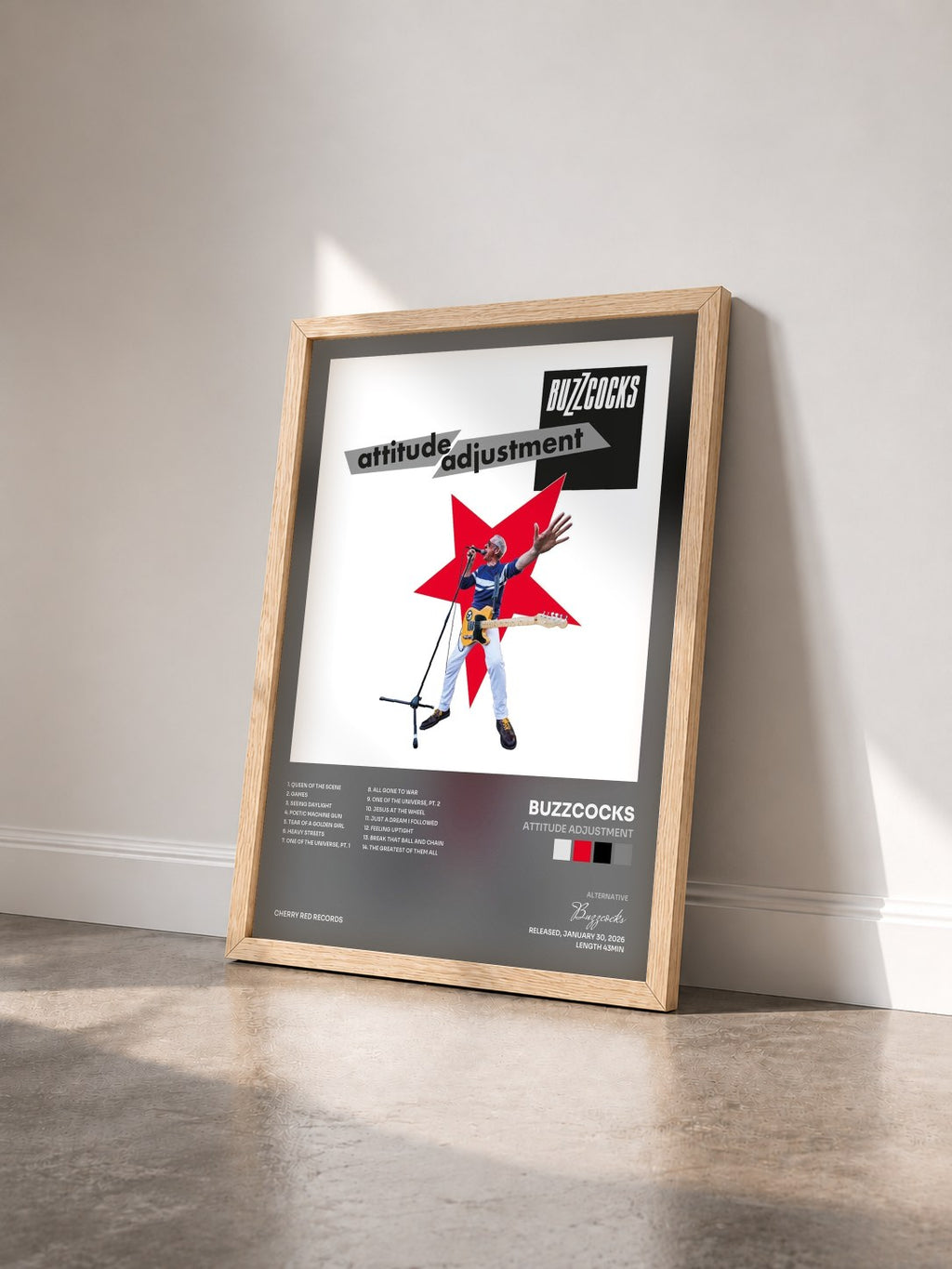 #bois Tableau de l'album Attitude Adjustment de Buzzcocks vu de trois quarts, cadre en bois brut