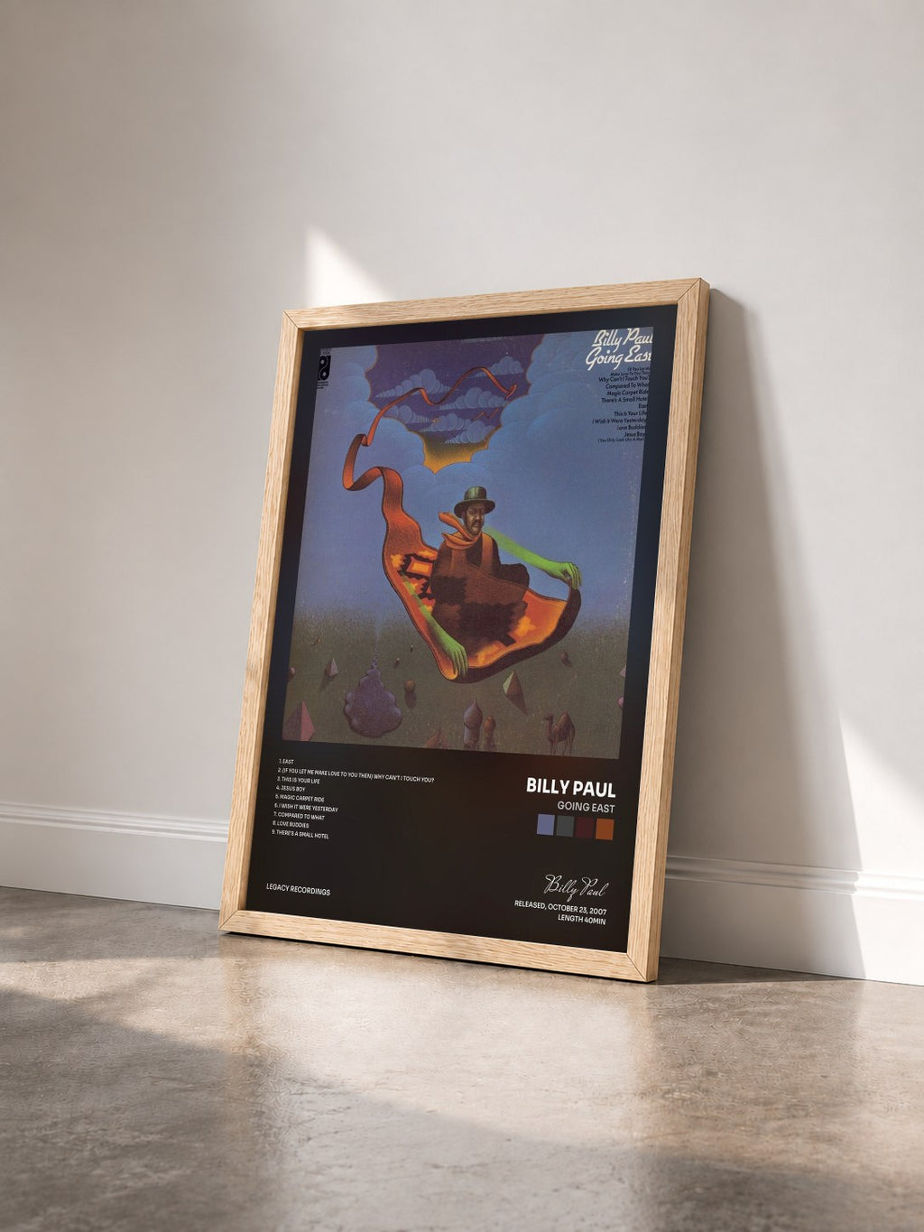 #bois Tableau de l'album Going East de Billy Paul vu de trois quarts, cadre en bois brut