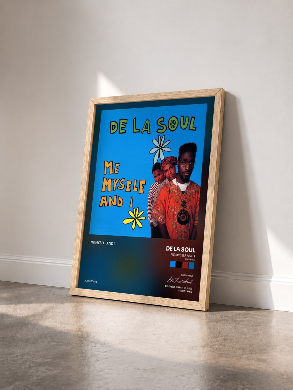 #bois Tableau de l'album Me Myself and I (Single Mix) de De La Soul vu de trois quarts, cadre en bois brut