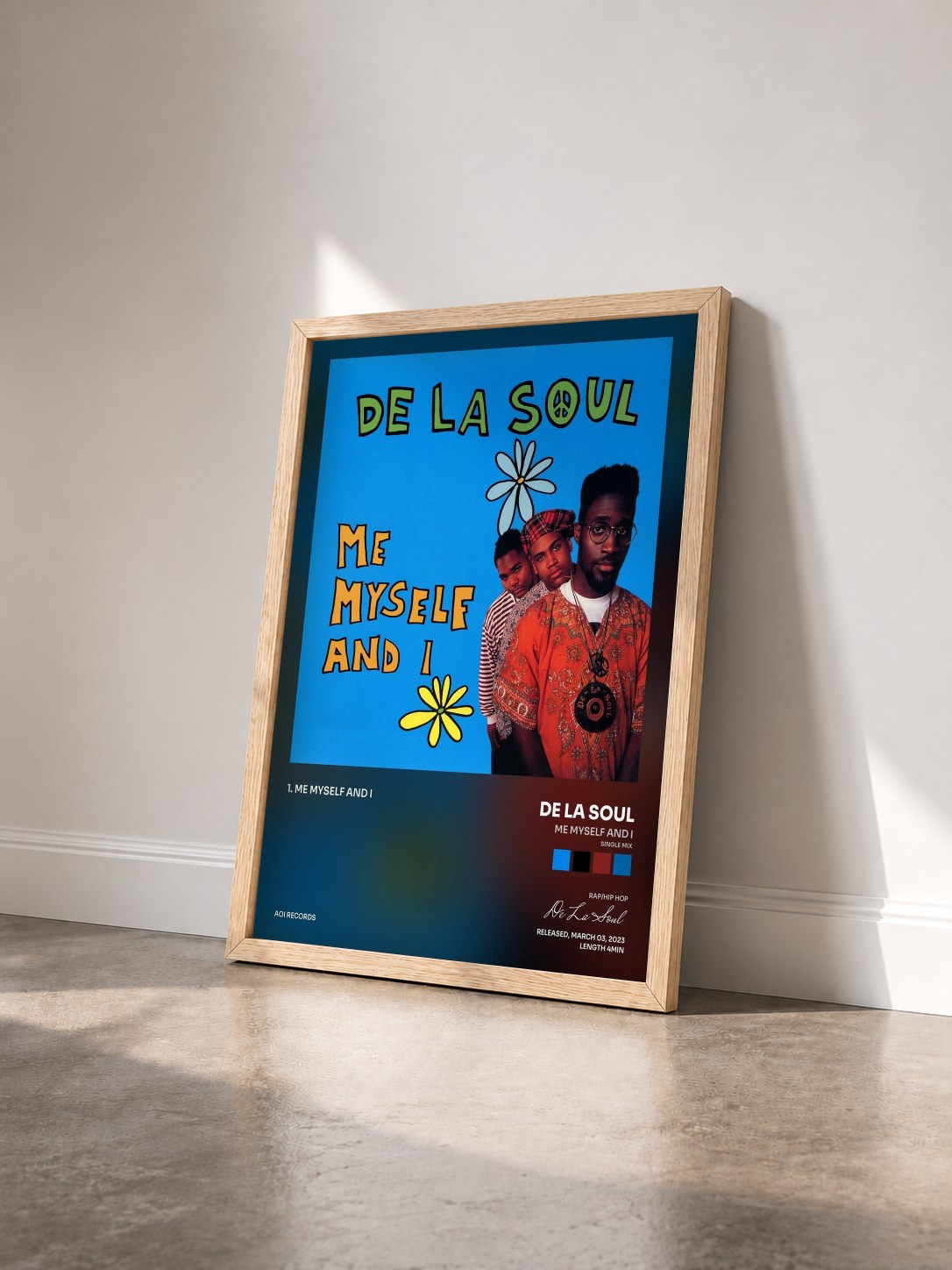 #bois Tableau de l'album Me Myself and I (Single Mix) de De La Soul vu de trois quarts, cadre en bois brut