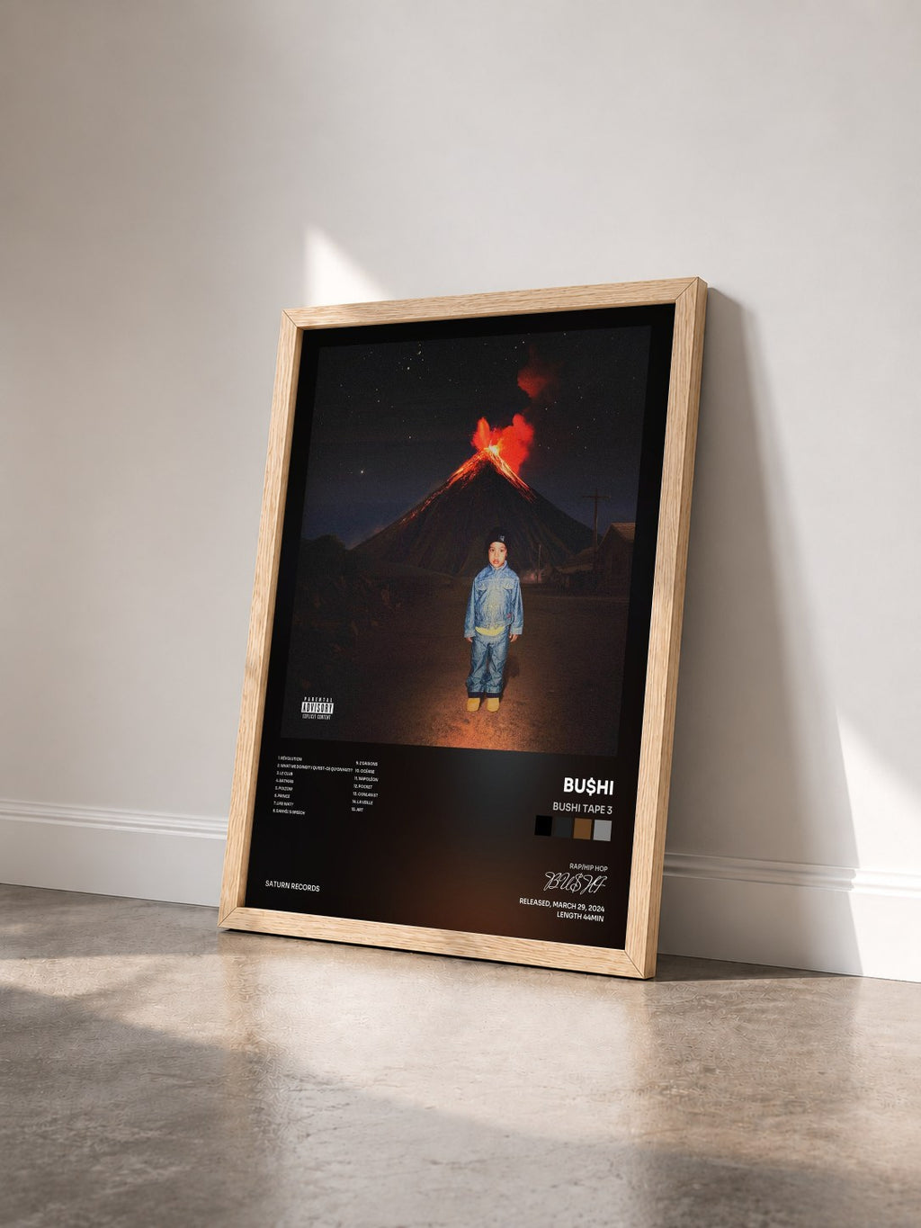 #bois Tableau de l'album Bushi Tape 3 de BU$HI vu de trois quarts, cadre en bois brut