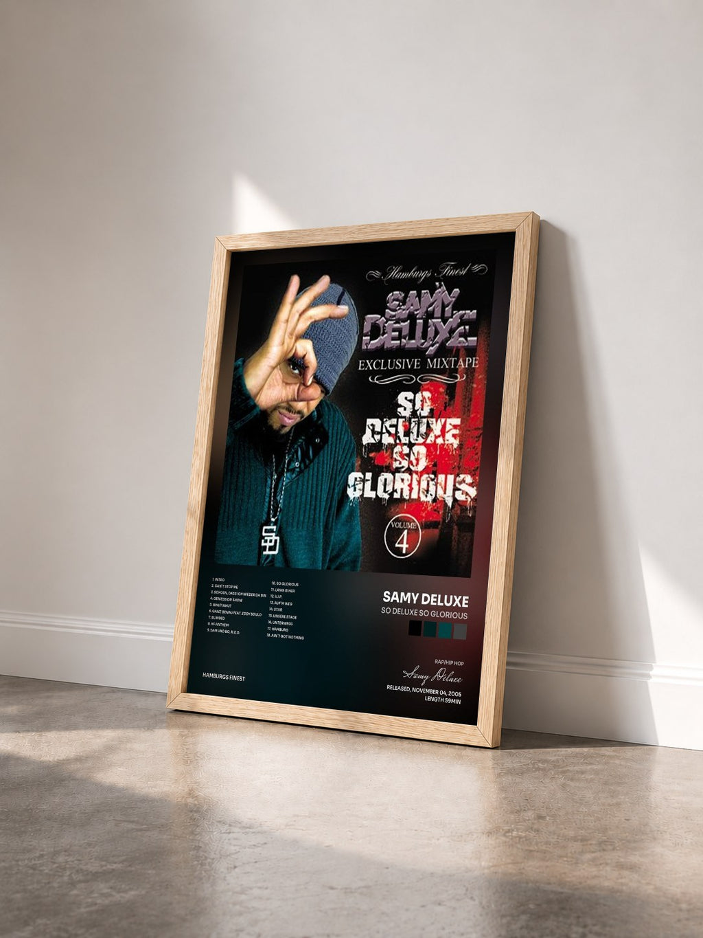 #bois Tableau de l'album So Deluxe so Glorious de Samy Deluxe vu de trois quarts, cadre en bois brut