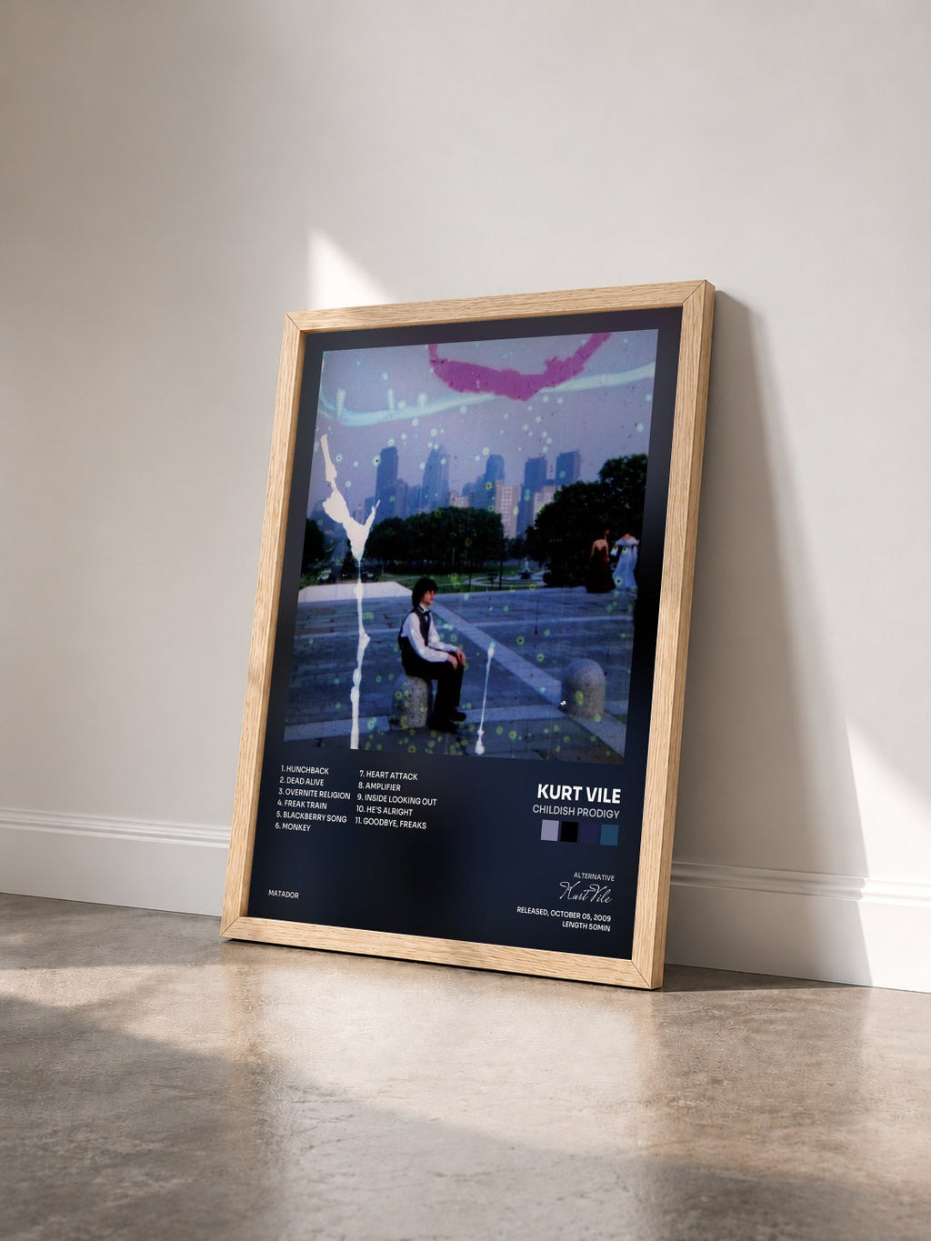 #bois Tableau de l'album Childish Prodigy de Kurt Vile vu de trois quarts, cadre en bois brut