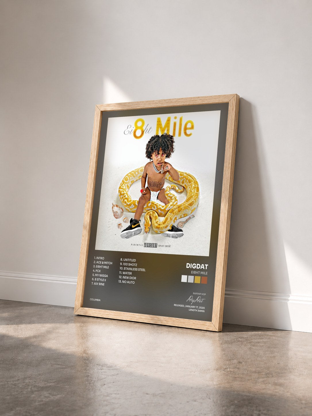 #bois Tableau de l'album Ei8ht Mile de DigDat vu de trois quarts, cadre en bois brut