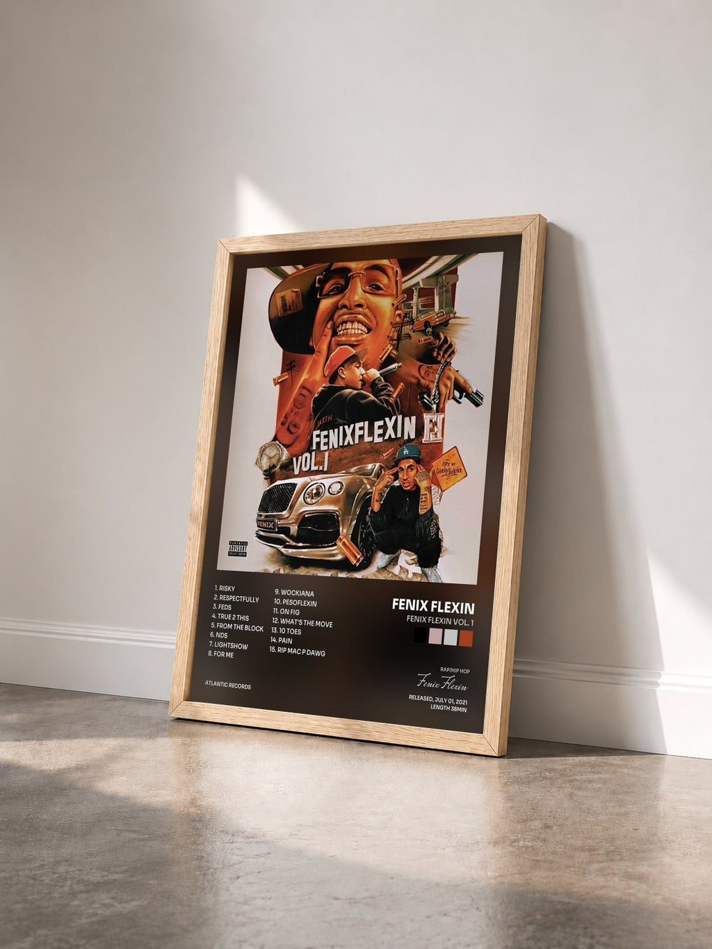 #bois Tableau de l'album Fenix Flexin Vol. 1 de Fenix Flexin vu de trois quarts, cadre en bois brut