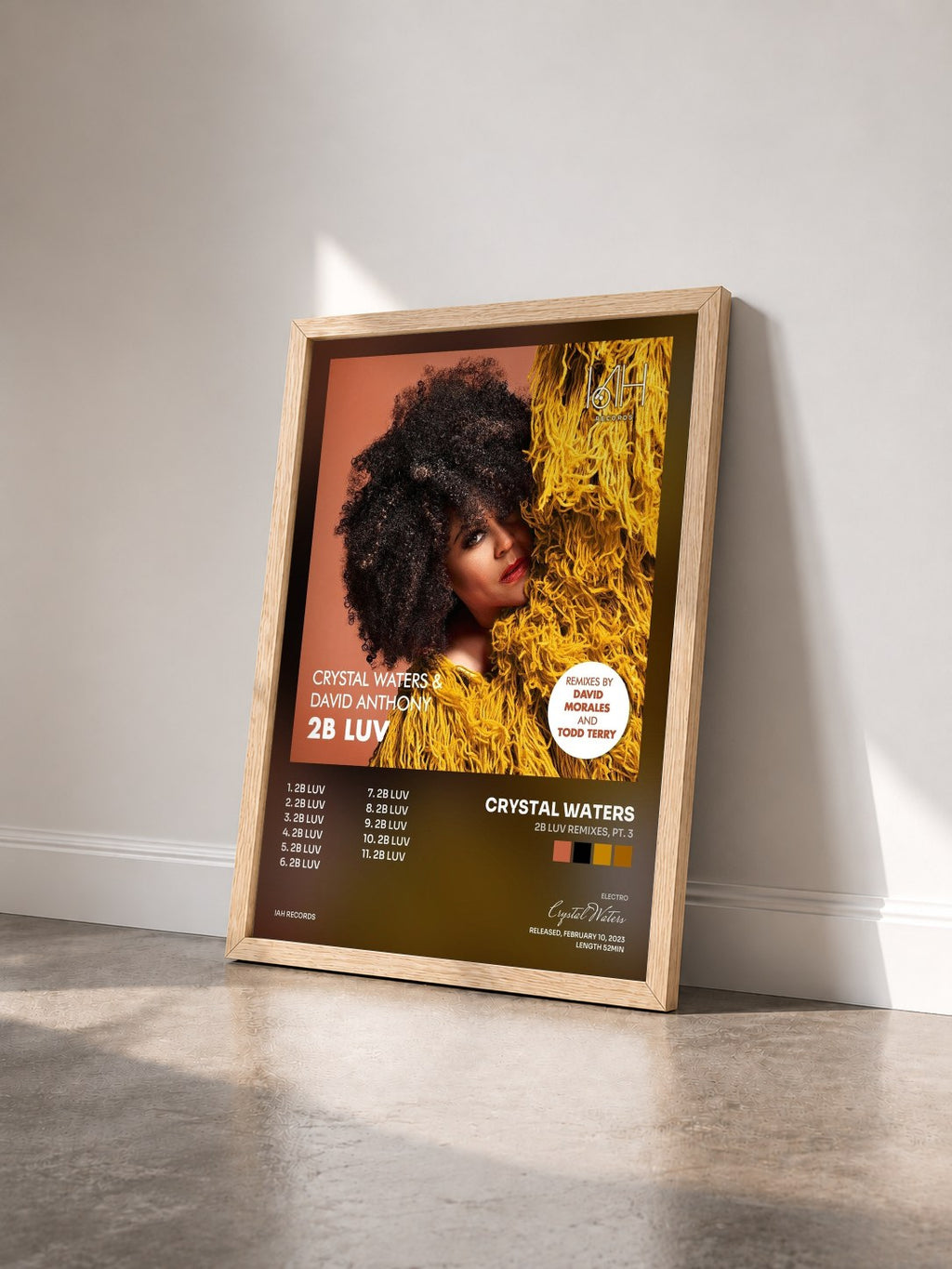 #bois Tableau de l'album 2B Luv Remixes, Pt. 3 de Crystal Waters vu de trois quarts, cadre en bois brut