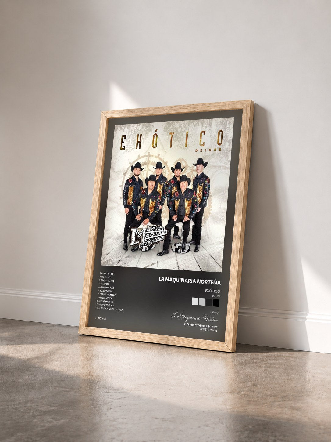 #bois Tableau de l'album Exótico (Deluxe) de La Maquinaria Norteña vu de trois quarts, cadre en bois brut