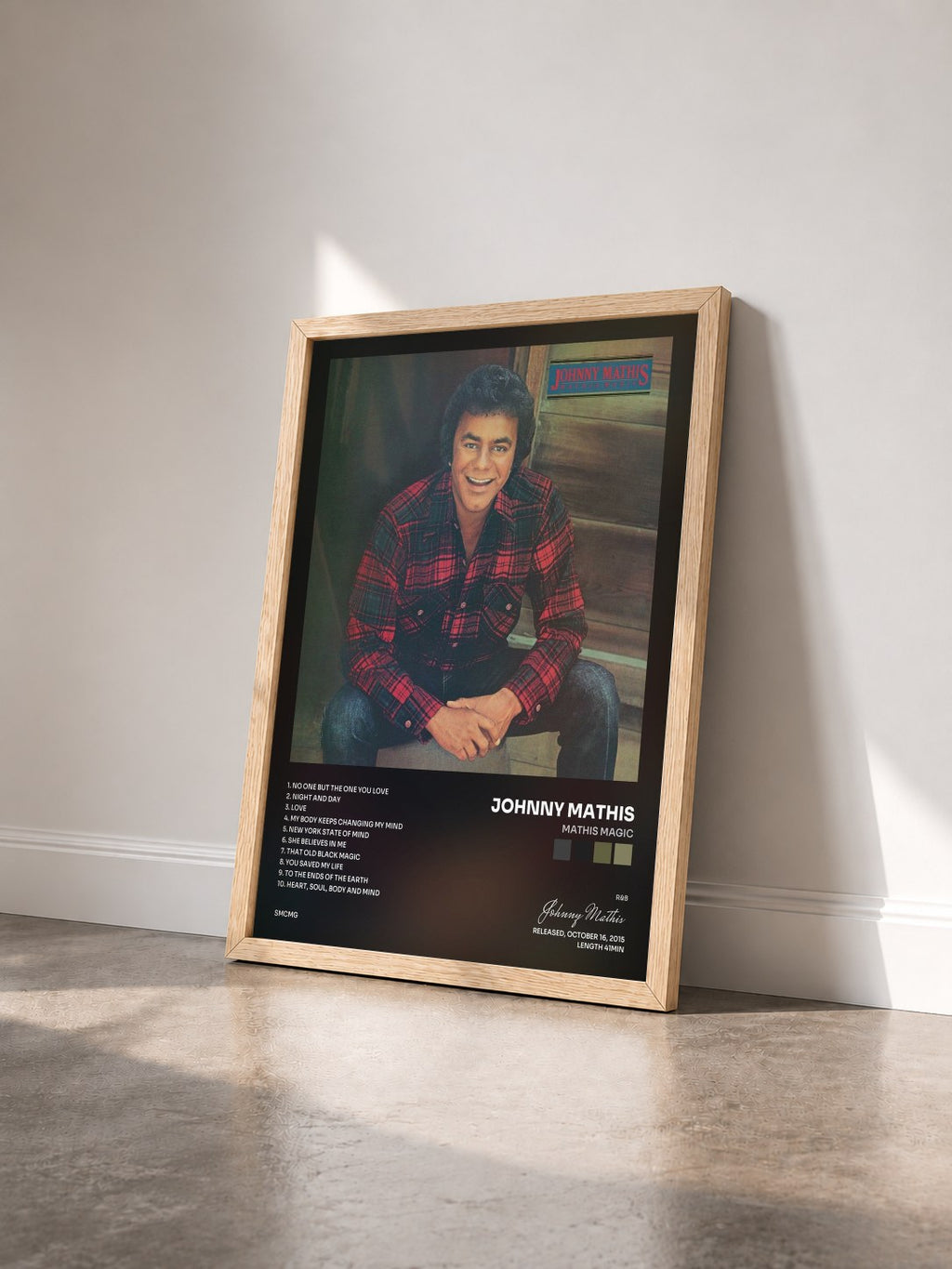 #bois Tableau de l'album Mathis Magic de Johnny Mathis vu de trois quarts, cadre en bois brut