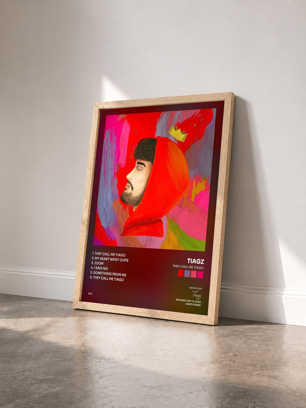 #bois Tableau de l'album They Call Me Tiago de Tiagz vu de trois quarts, cadre en bois brut