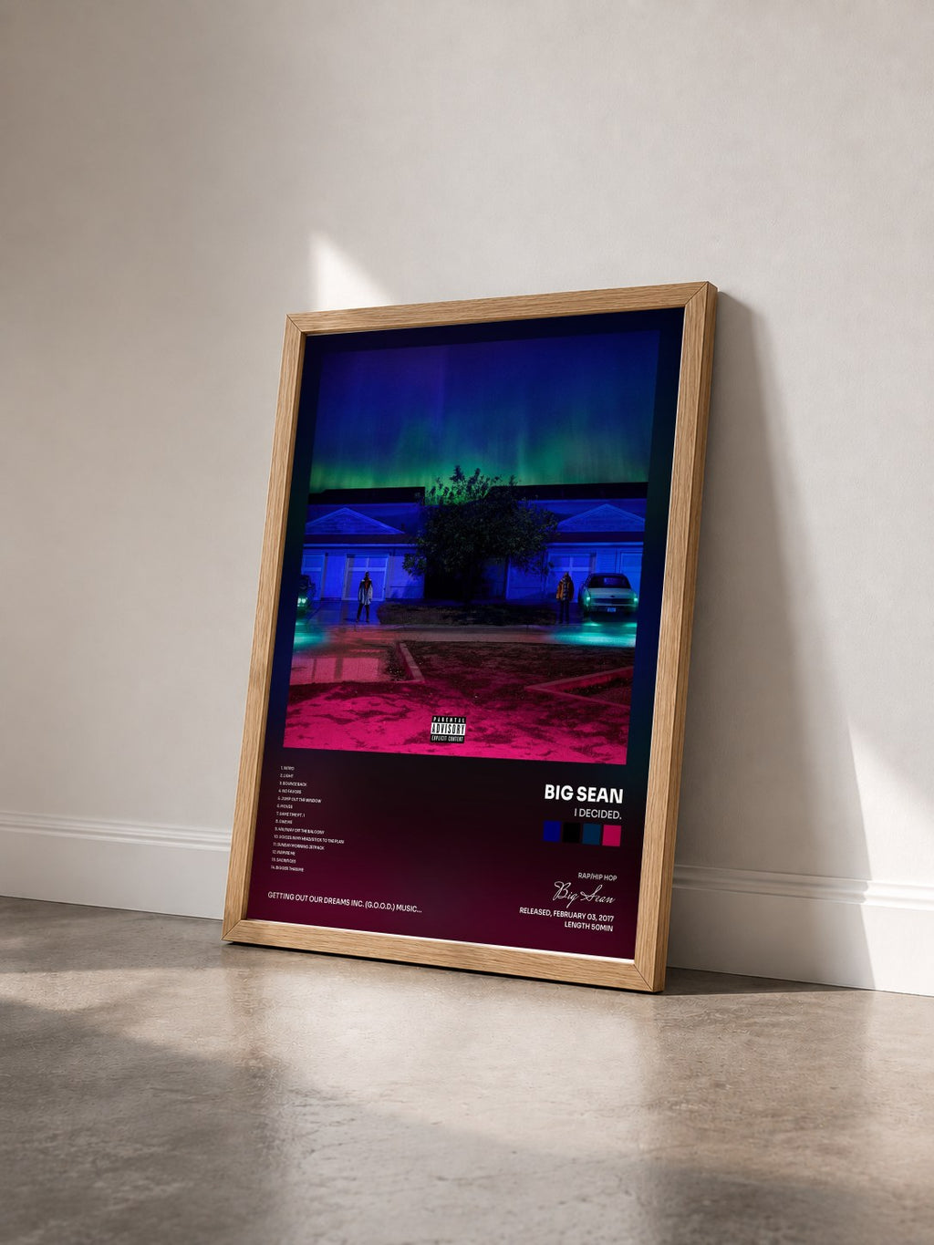 #bois Tableau de l'album I Decided. de Big Sean vu de trois quarts, cadre en bois brut