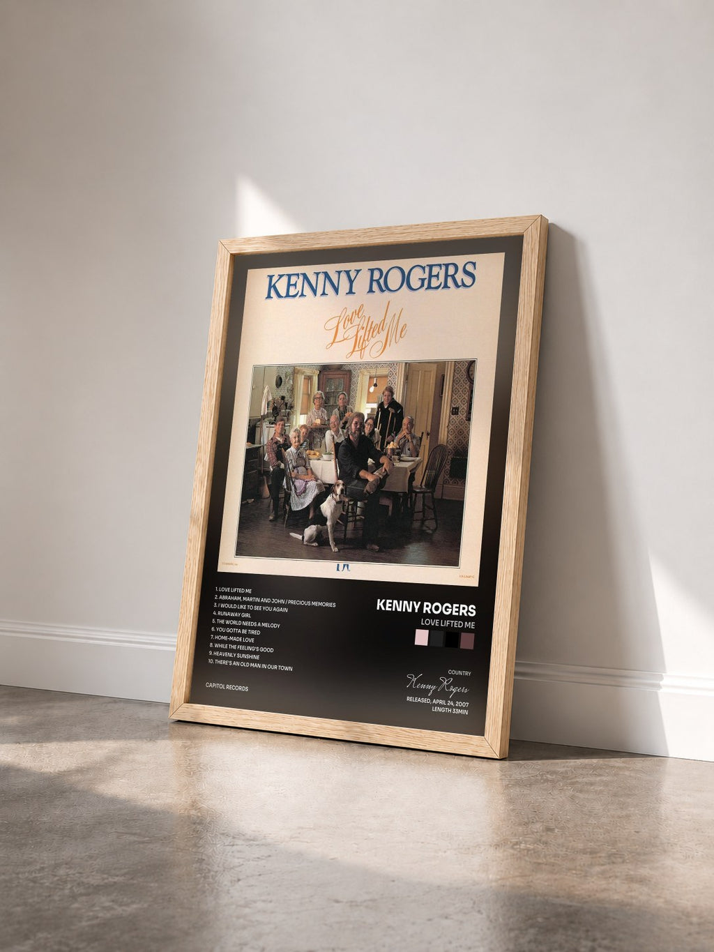#bois Tableau de l'album Love Lifted Me de Kenny Rogers vu de trois quarts, cadre en bois brut