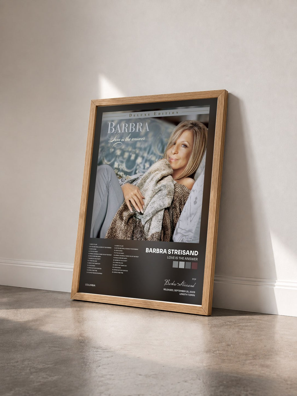 #bois Tableau de l'album Love Is The Answer de Barbra Streisand vu de trois quarts, cadre en bois brut