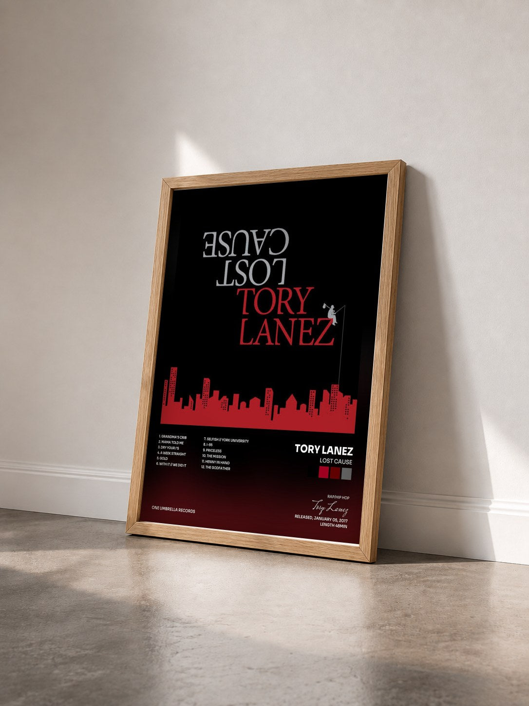 #bois Tableau de l'album Lost Cause de Tory Lanez vu de trois quarts, cadre en bois brut