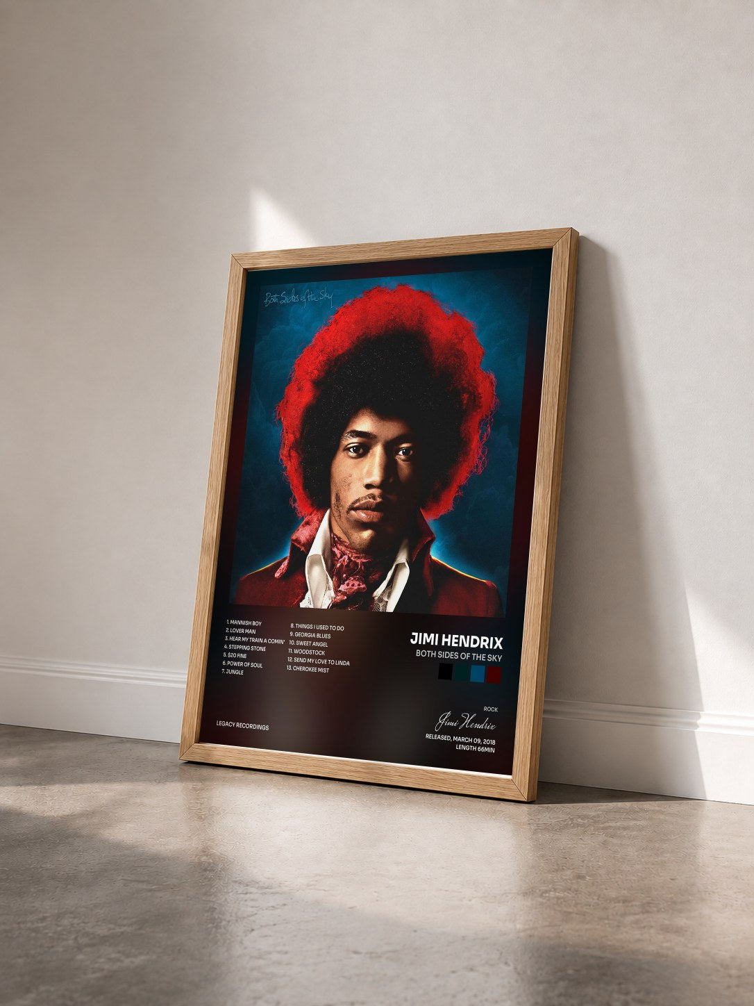 #bois Tableau de l'album Both Sides of the Sky de Jimi Hendrix vu de trois quarts, cadre en bois brut