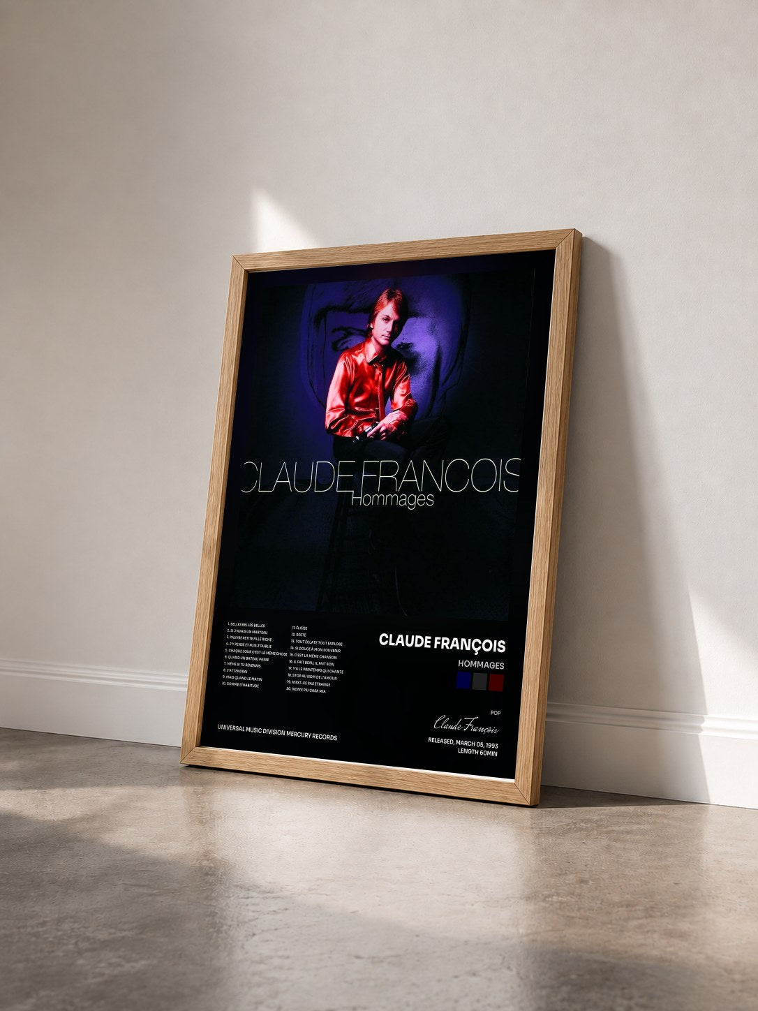 #bois Tableau de l'album Hommages de Claude François vu de trois quarts, cadre en bois brut