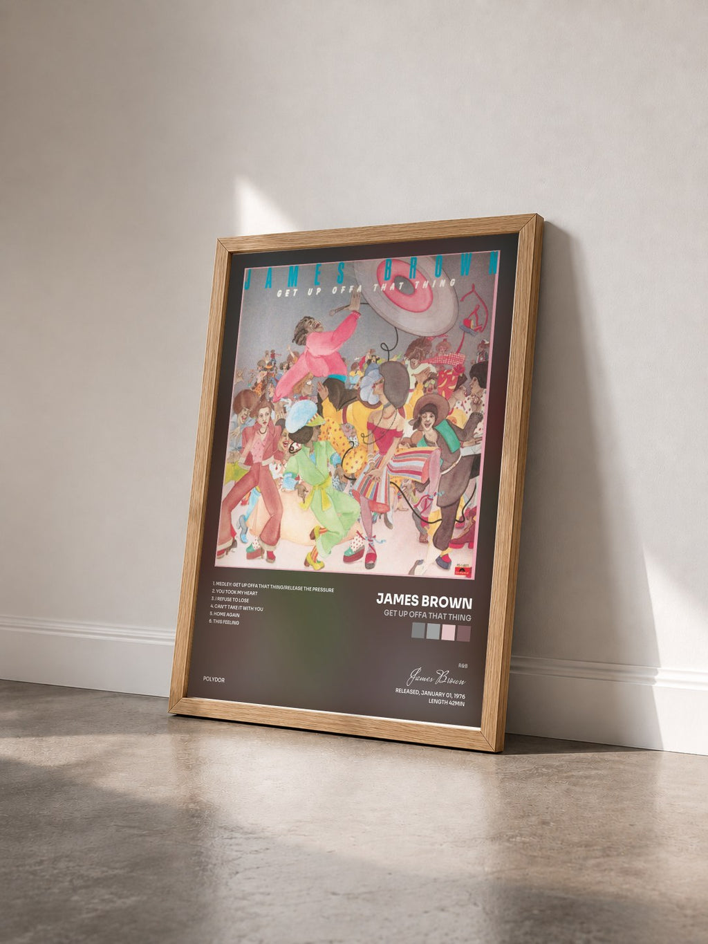 #bois Tableau de l'album Get Up Offa That Thing de James Brown vu de trois quarts, cadre en bois brut