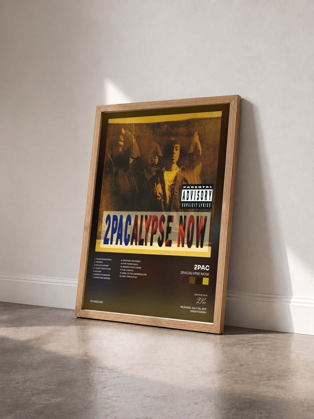 #bois Tableau de l'album 2Pacalypse Now de 2Pac vu de trois quarts, cadre en bois brut