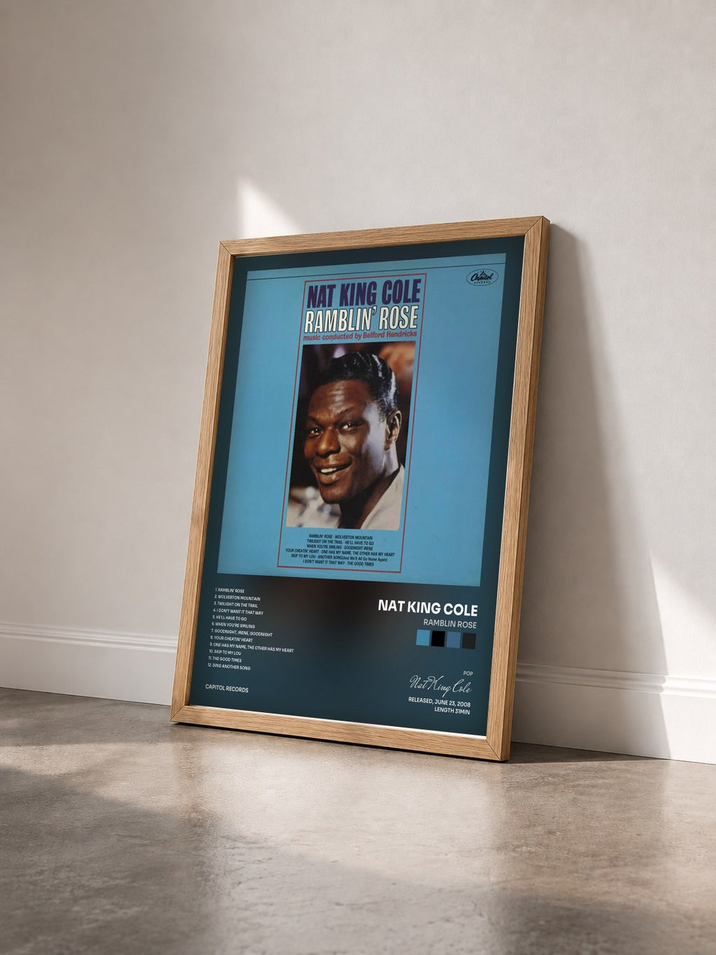 #bois Tableau de l'album Ramblin Rose de Nat King Cole vu de trois quarts, cadre en bois brut