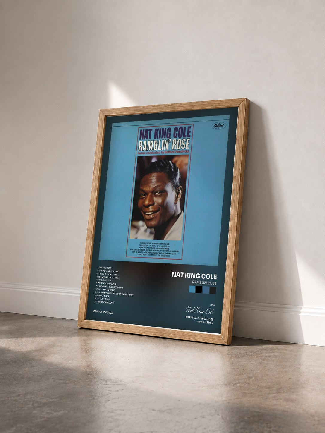 #bois Tableau de l'album Ramblin Rose de Nat King Cole vu de trois quarts, cadre en bois brut